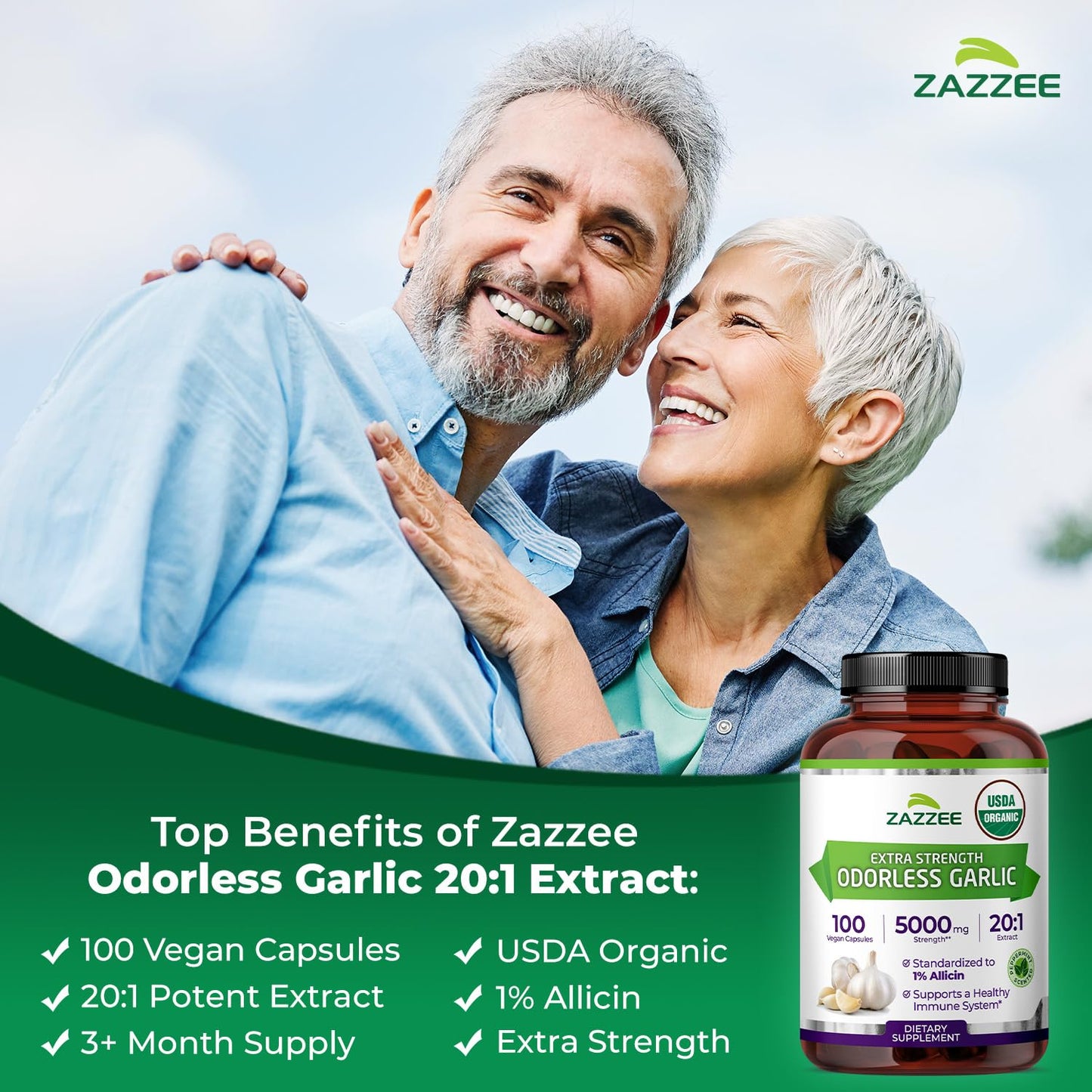Zazzee USDA Organic Odorless Garlic 20:1 Extract, 1% Allicin, 100 Vegan Capsules, 3+ Month Supply, Allium Sativum, Immune, Circulation & Heart Health Support Zazzee