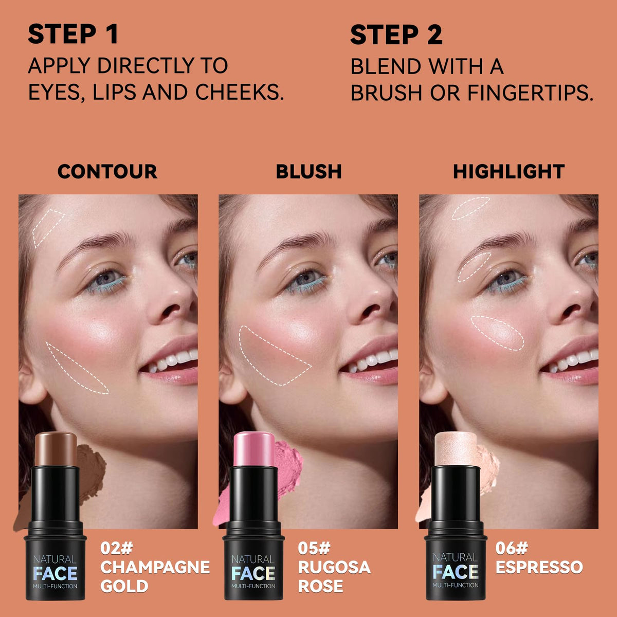 3Pcs Cream Contour Stick Makeup Kit, Shades with Highlighter, Blush and Bronzer Contour Stick for Sculpt the Cheeks, Long Lasting, Waterproof, Matte & Dewy Finish (LIGHT MEDIUM(2+5+6)) LemonSac