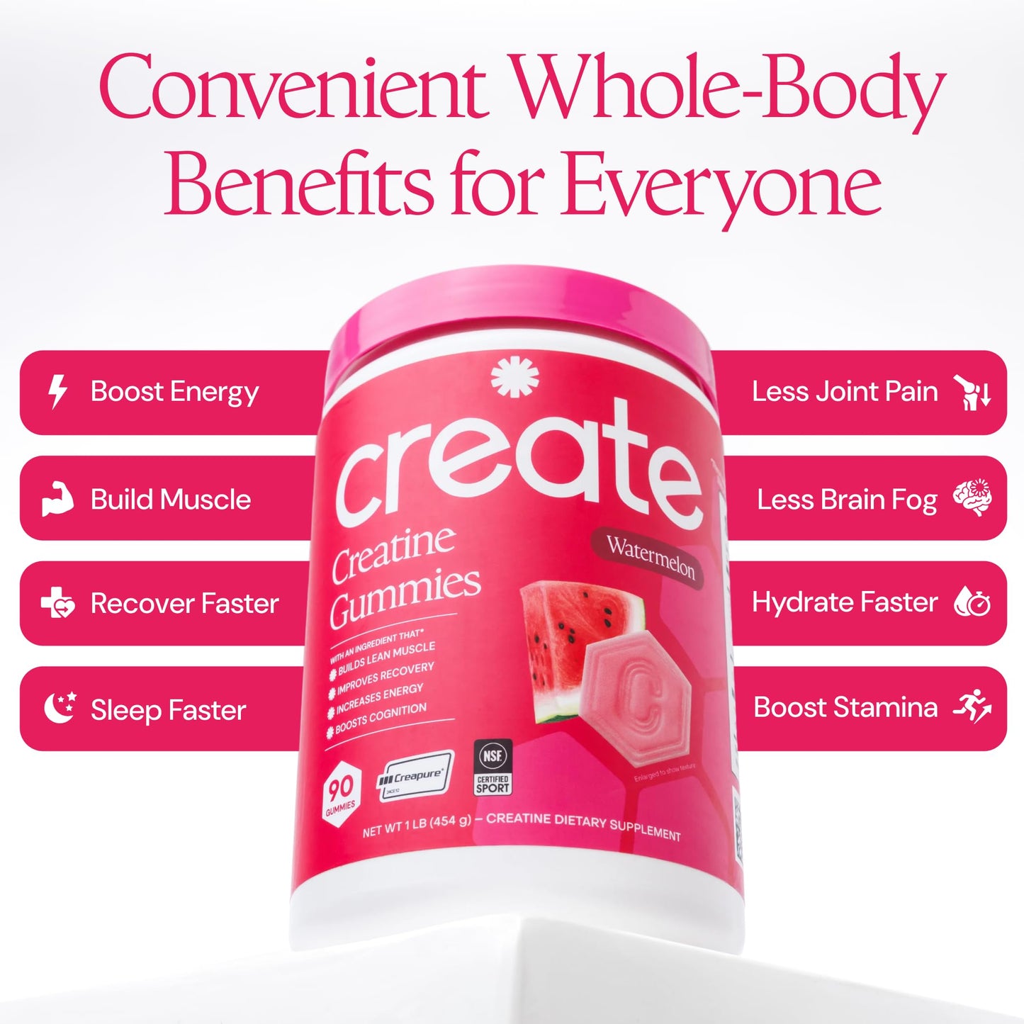 Create Creatine Monohydrate Gummies for Men & Women, Boost Focus, Strength, and Endurance, Anti-Melting Formula, Vegan, Gluten-Free, Non-GMO Create