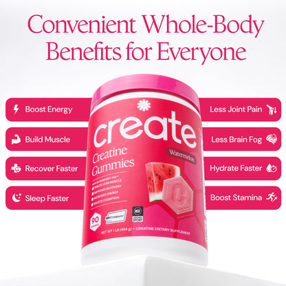 Create Creatine Monohydrate Gummies for Men & Women, Boost Focus, Strength, and Endurance, Anti-Melting Formula, Vegan, Gluten-Free, Non-GMO Create