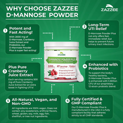 Zazzee D-Mannose Powder Plus, 2000 mg, 67 Servings, Free Scoop, Made in USA | Plus 5 Billion CFU Probiotics and Pure Cranberry Juice Extract, Kosher, 6.67 oz, Urinary Tract & Bladder Support, Non-GMO Gsupps Australia