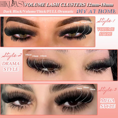 Lash Cluster 260D Full Volume Cluster Lashes Bold 12-18mm Mega Lash Clusters Supplies Wispy D Curve False Eyelashes Clusters Reusable DIY Salon Look Eye Lash Clusters Extension By Hiklasy HK HIKLASY