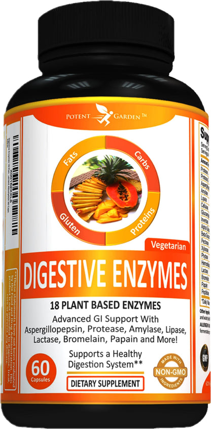 Potent Garden Digestive Enzymes -18 Plant Based Enzymes with amylase lipase bromelain Protease lactase & Other Enzymes - One Pre Meal Pill Supports Healthy Potent Garden