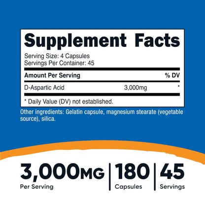 Nutricost D-Aspartic Acid (DAA) Capsules 3000mg Per Serving (180 Capsules) - Non-GMO Nutricost
