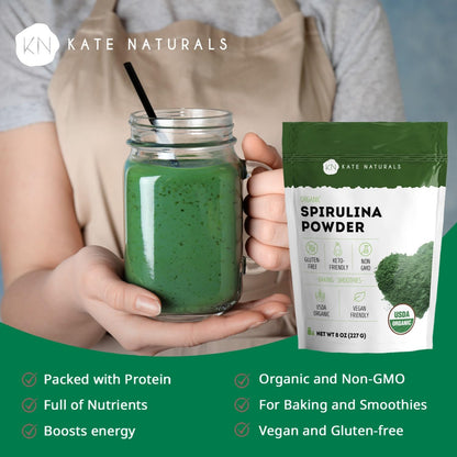 Kate Naturals Organic Spirulina Powder for Immune Support and Antioxidants. Nutrient Dense Superfood Supplement Kate Naturals