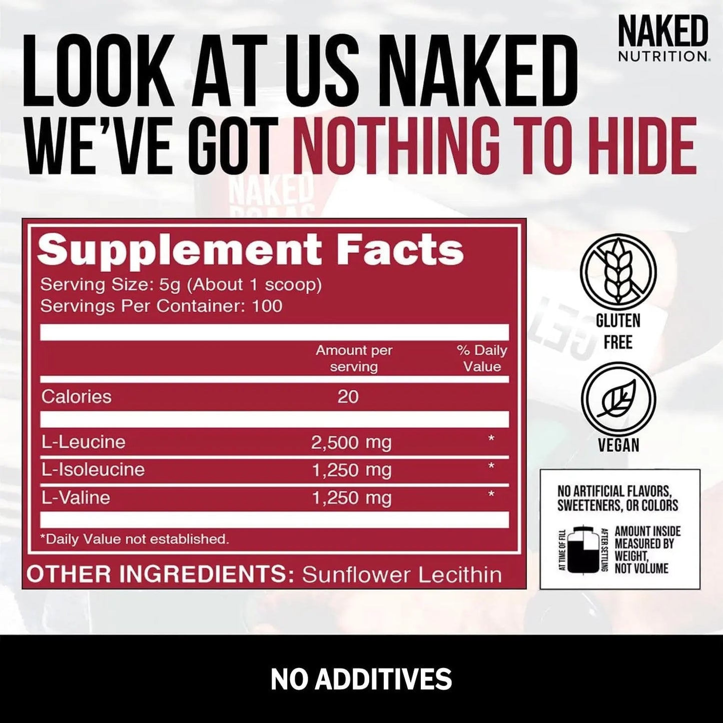 NAKED BCAAs Amino Acids Powder, Only 1 Ingredient, Pure 2:1:1 Formula, Vegan Unflavored Branched Chain Amino Acids, Instantized All Natural BCAA Supplement - 500 Grams, 100 Servings NAKED
