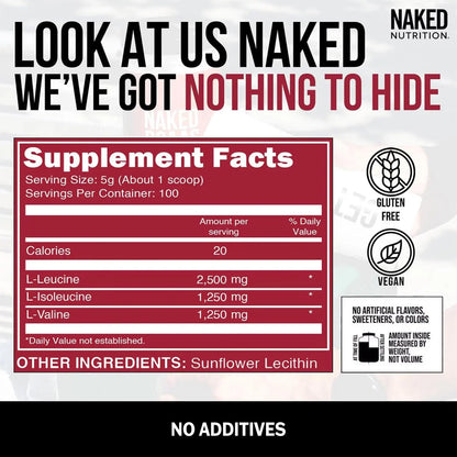 NAKED BCAAs Amino Acids Powder, Only 1 Ingredient, Pure 2:1:1 Formula, Vegan Unflavored Branched Chain Amino Acids, Instantized All Natural BCAA Supplement - 500 Grams, 100 Servings NAKED