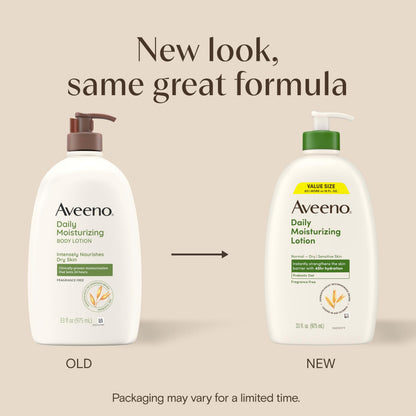 Aveeno Daily Moisturizing Body Lotion for Normal to Dry Skin, Moisturizer with Soothing Prebiotic Oat, Non Greasy, Non Comedogenic, Fragrance Free Body Lotion for Women & Men, 18 Fl Oz Aveeno