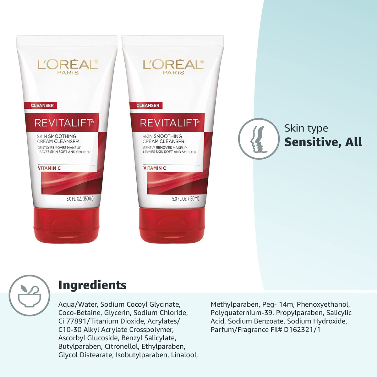 L'Oreal Paris Revitalift Daily Cream Cleanser, Gentle Makeup Remover Face Wash with Vitamin C 5 fl. oz (Pack of 2) L'Oreal Paris