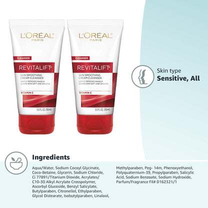L'Oreal Paris Revitalift Daily Cream Cleanser, Gentle Makeup Remover Face Wash with Vitamin C 5 fl. oz (Pack of 2) L'Oreal Paris