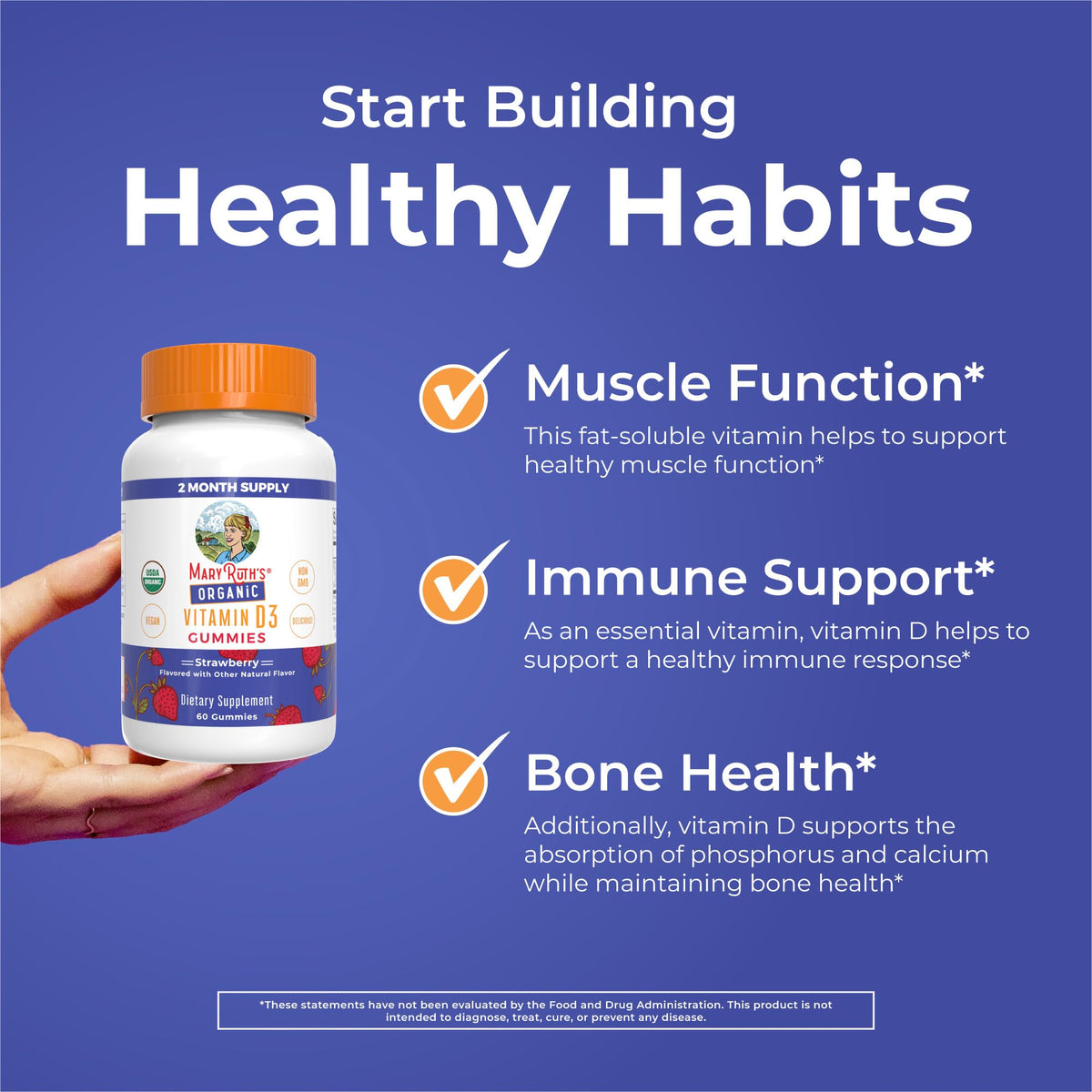 MARYRUTH'S Organic Vitamin D3 Gummies | 1000 IU | USDA Organic | Immune Support| Bone Health | Muscle Function | for Adults & Kids Ages 2+ MARYRUTH'S