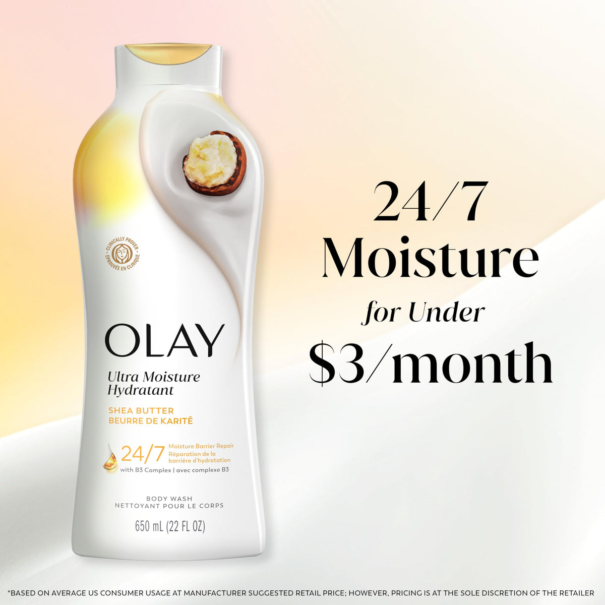 Olay Body Wash for Women, Ultra Moisture, 24hr Moisturizing, Hydrating & Refreshing, B3 Vitamin Complex, Free of Parabens & Phthalates, for All Skin Types, Shea Butter Scent, 22 fl oz (Pack of 4) Olay