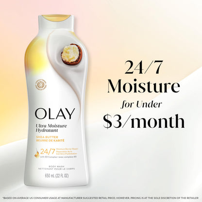 Olay Body Wash for Women, Ultra Moisture, 24hr Moisturizing, Hydrating & Refreshing, B3 Vitamin Complex, Free of Parabens & Phthalates, for All Skin Types, Shea Butter Scent, 22 fl oz (Pack of 4) Olay