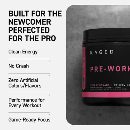 Kaged Sport Pre Workout Powder for Men & Women, Pink Lemonade, Sport Certified, 188mg Caffeine, Nitric Oxide, Beta Alanine, 20 Servings Kaged
