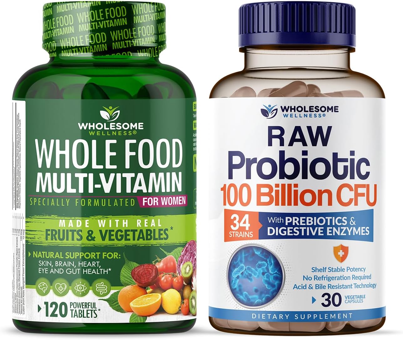 Wholesome Wellness Food Multivitamin for Women - Natural Multi Vitamins, Minerals, Organic Extracts + Probiotics 100 Billion CFU Probiotics for Adults Bundle Gsupps Australia