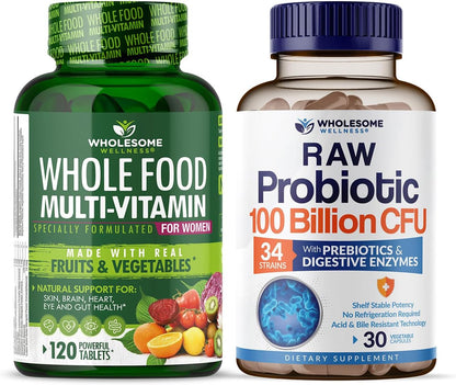 Wholesome Wellness Food Multivitamin for Women - Natural Multi Vitamins, Minerals, Organic Extracts + Probiotics 100 Billion CFU Probiotics for Adults Bundle Gsupps Australia
