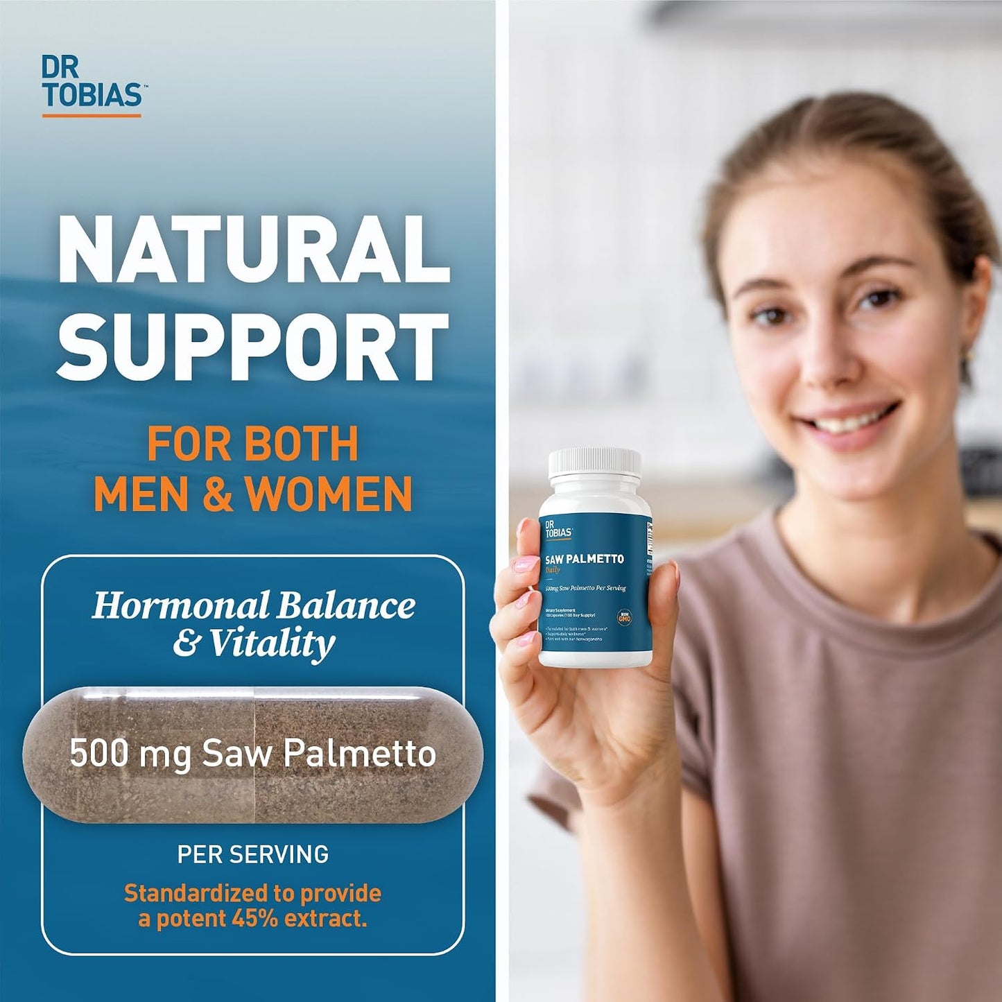 Dr. Tobias Saw Palmetto Supplement, Supports Urinary Health, Hormonal Balance, Prostate Health, & Hair Vitality, Saw Palmetto for Men & Women, 500mg Per Serving - 100 Capsules, 100 Servings