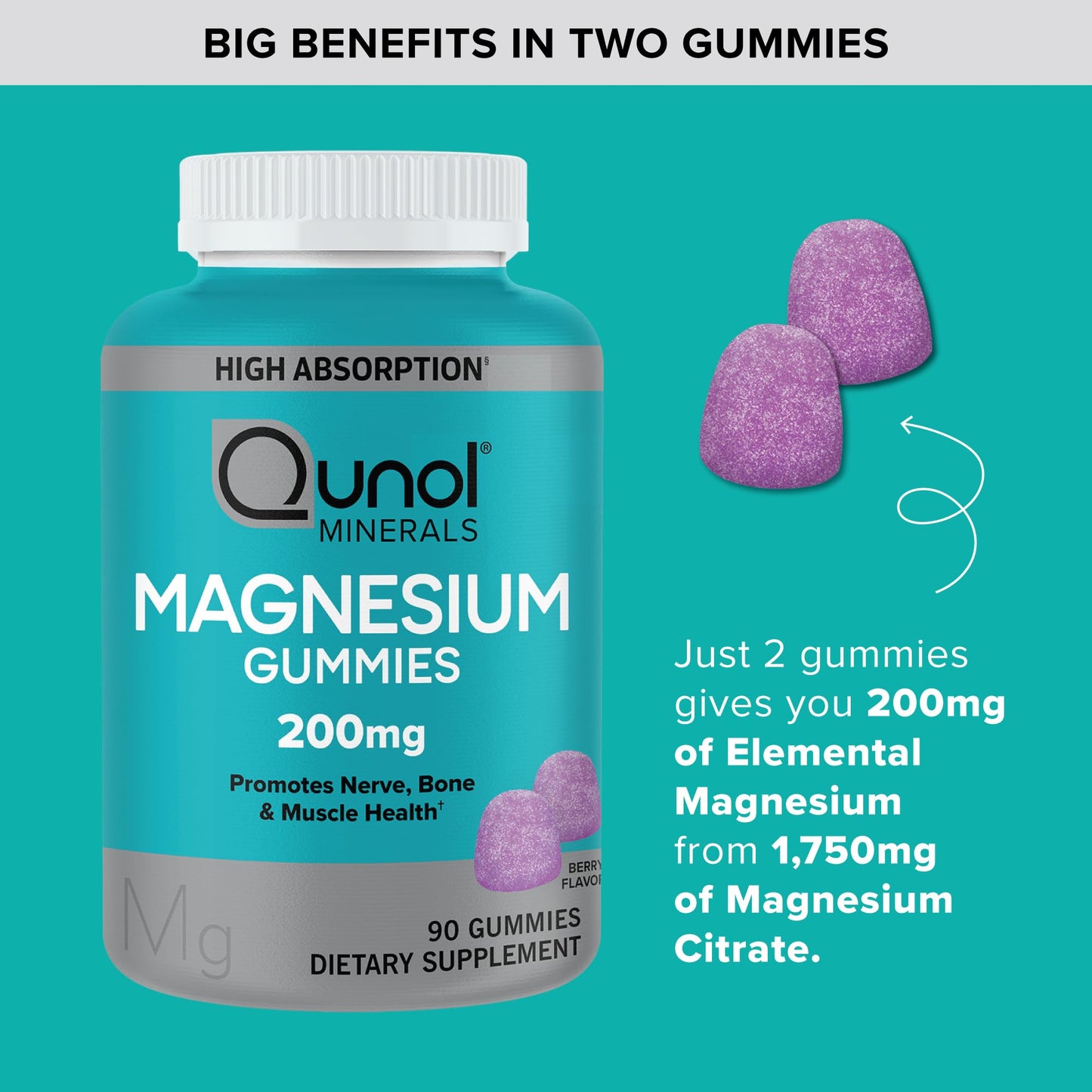 Qunol Magnesium Gummies for Adults, 200mg Elemental Magnesium (from 1,750mg Magnesium Citrate), High Absorption Magnesium Supplement, Supports Nerve, Qunol