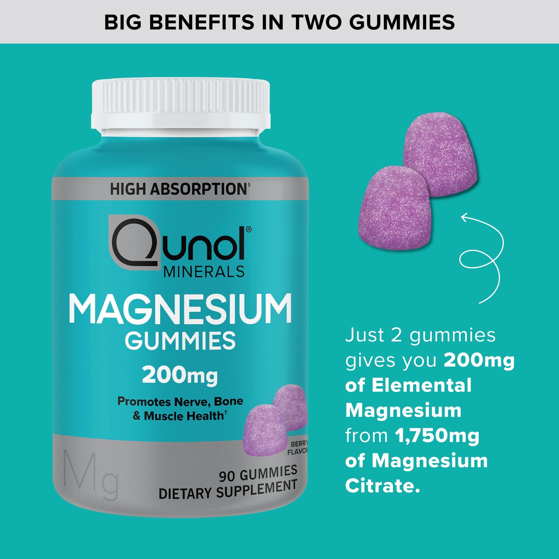 Qunol Magnesium Gummies for Adults, 200mg Elemental Magnesium (from 1,750mg Magnesium Citrate), High Absorption Magnesium Supplement, Supports Nerve, Qunol