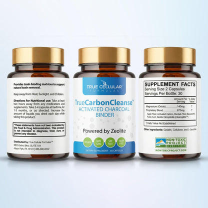 Gut Detox & Liver Cleanse - Organic Activated Charcoal Capsules with Clinoptilolite Zeolite Binder - TrueCarbonCleanse™ Carbon Supplement - 60 Bamboo Charcoal Pills True Cellular Formulas
