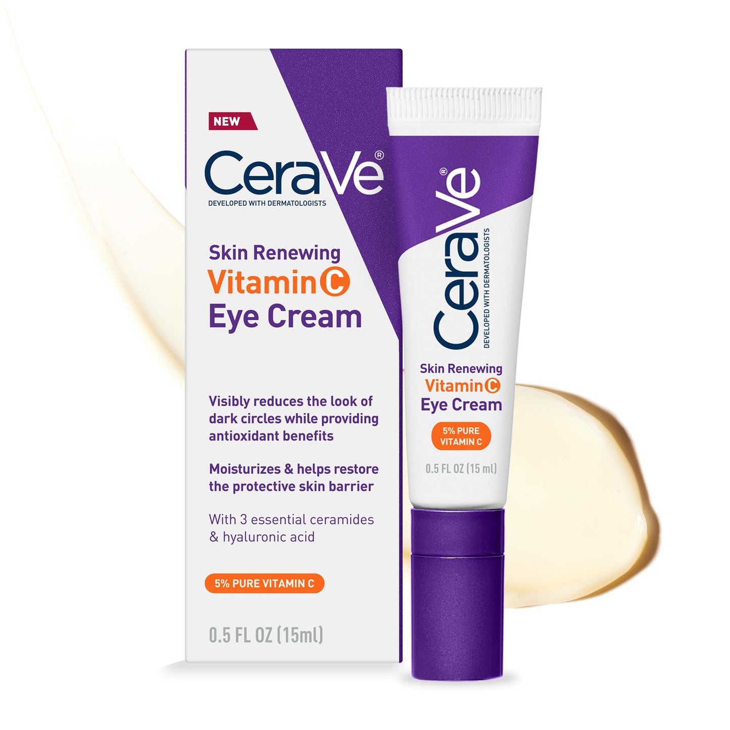 CeraVe Skin Renewing Vitamin C Eye Cream, Vitamin C, Hyaluronic Acid, Ceramides & Caffeine, Under Eye Cream For Dark Circles and Puffiness CeraVe
