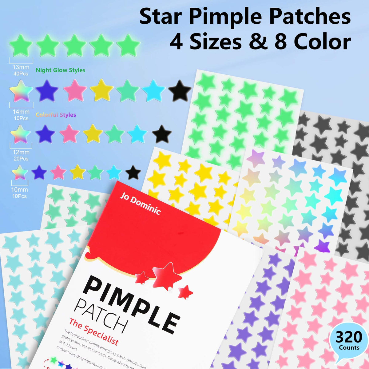 Jo Dominic Pimple stars Patches for Face, 4 Size 320 Counts Acne Patches, Hydrocolloid Patches for CoveringZits and Blemishes, Tea Tree Oil Jo Dominic