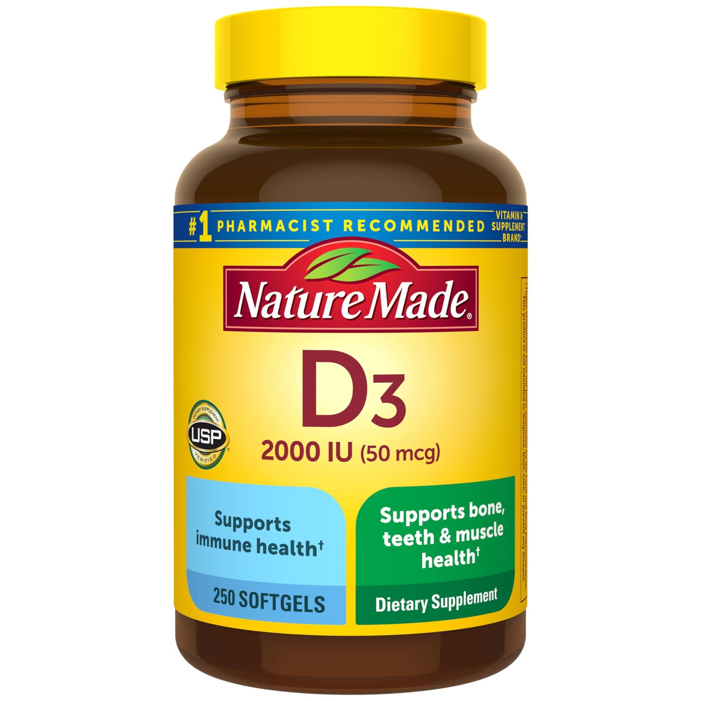 Nature Made Vitamin D3 2000 IU (50 mcg), Vitamin D Supplement for Bone, Teeth, Muscle and Immune Health Support, 250 Softgels, 250 Day Supply Nature Made