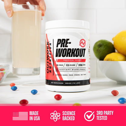 Outwork Nutrition Preworkout for Men & Women - Nootropic Pre Workout Without Creatine, Pre-Workout Powder with Taurine Rhodiola Citrulline Malate Beta Alanine Caffeine (Tropical Candy)