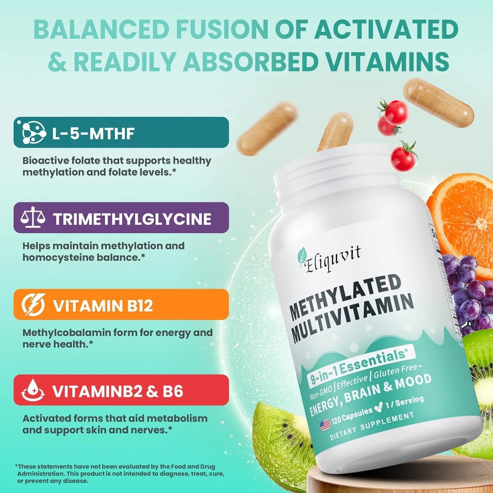 Eliquvit Methylated Multivitamin for Men & Women - Methylated B Complex with Methylfolate & B12-9-in-1 MTHFR Support + TMG - Vegan Multivitamin Eliquvit buy australia supplements