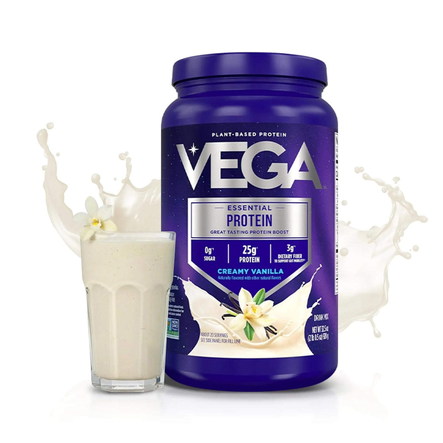 Vega Essential Protein – 25g Plant Based Protein Powder, Creamy Vanilla, Vegan for a Dairy-Free Vanilla Shake – Large Tub, 32.5oz (20 Servings) Vega