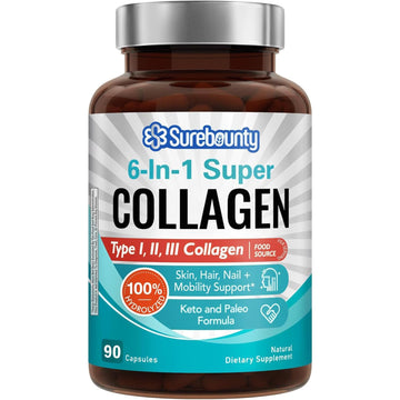 Surebounty Multi Collagen Complex, Type I, II, III, 6-in-1 Super Collagen with Vitamin C, Hyaluronic Acid, Biotin, Turmeric, Black Pepper, Keto, 90 Capsules Surebounty buy australia supplements