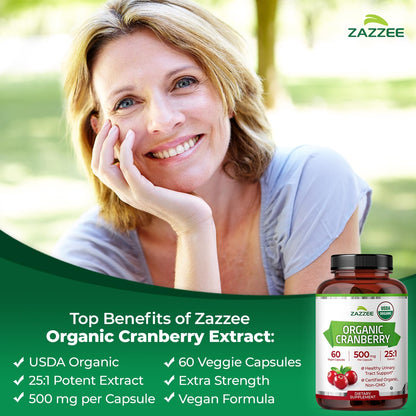 Zazzee USDA Organic Cranberry 25:1 Extract, 500mg per Capsule, 100 Capsules | Vegan, 3+ Month Supply, Certified Kosher, Vaccinium Macrocarpon, Non-GMO, Made in the USA Gsupps Australia