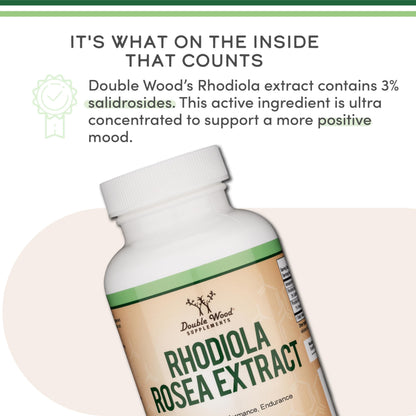 Rhodiola Rosea Supplement 500mg, 120 Vegan Capsules (Third Party Test, Gluten Free, 3% Salidrosides, 1% Rosavins Extract) for Performance, Double Wood Supplements