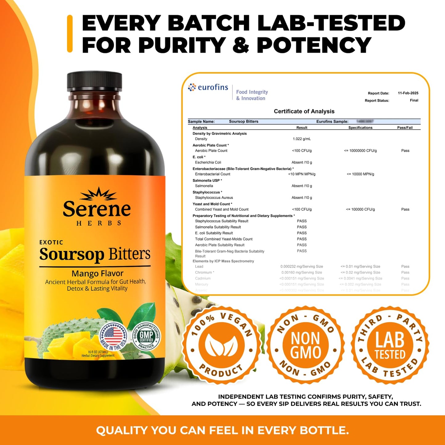 Serene Herbs Soursop Bitters Liquid with Soursop Leaves for Gut Cleanse, Detox & Immune Boost with Black Seed, Moringa, Irish Moss, Ashwaganda, Turmeric, 16 fl oz (16 Fl, Soursop)
