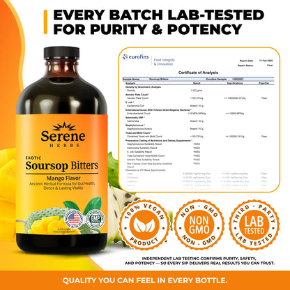 Serene Herbs Soursop Bitters Liquid with Soursop Leaves for Gut Cleanse, Detox & Immune Boost with Black Seed, Moringa, Irish Moss, Ashwaganda, Turmeric, 16 fl oz (16 Fl, Soursop)