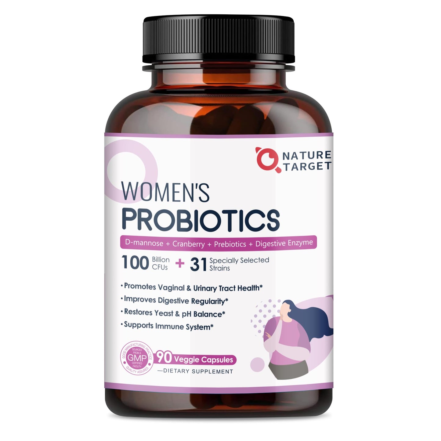 NATURE TARGET Probiotics for Women, 100 Billion CFUs Probiotic with Digestive Enzymes & Prebiotics, Vaginal Probiotics with Cranberry for Urinary Tract Health NATURE TARGET
