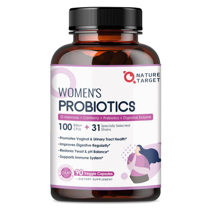 NATURE TARGET Probiotics for Women, 100 Billion CFUs Probiotic with Digestive Enzymes & Prebiotics, Vaginal Probiotics with Cranberry for Urinary Tract Health NATURE TARGET
