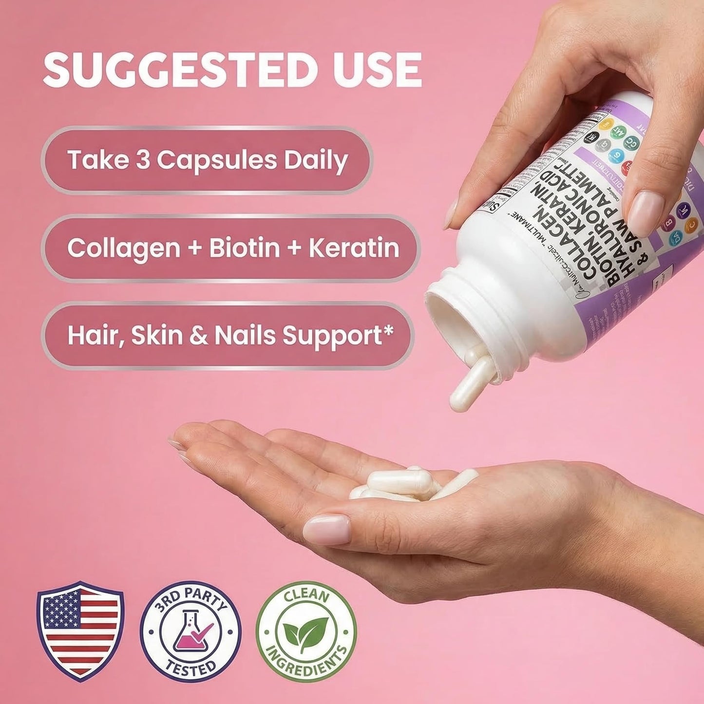 Clean Nutraceuticals Collagen Pills 1000mg Biotin 10000mcg Keratin Saw Palmetto Hyaluronic Acid - Hair Skin & Nails Vitamins & DHT Blocker with Vitamin E Folic Acid Clean Nutraceuticals