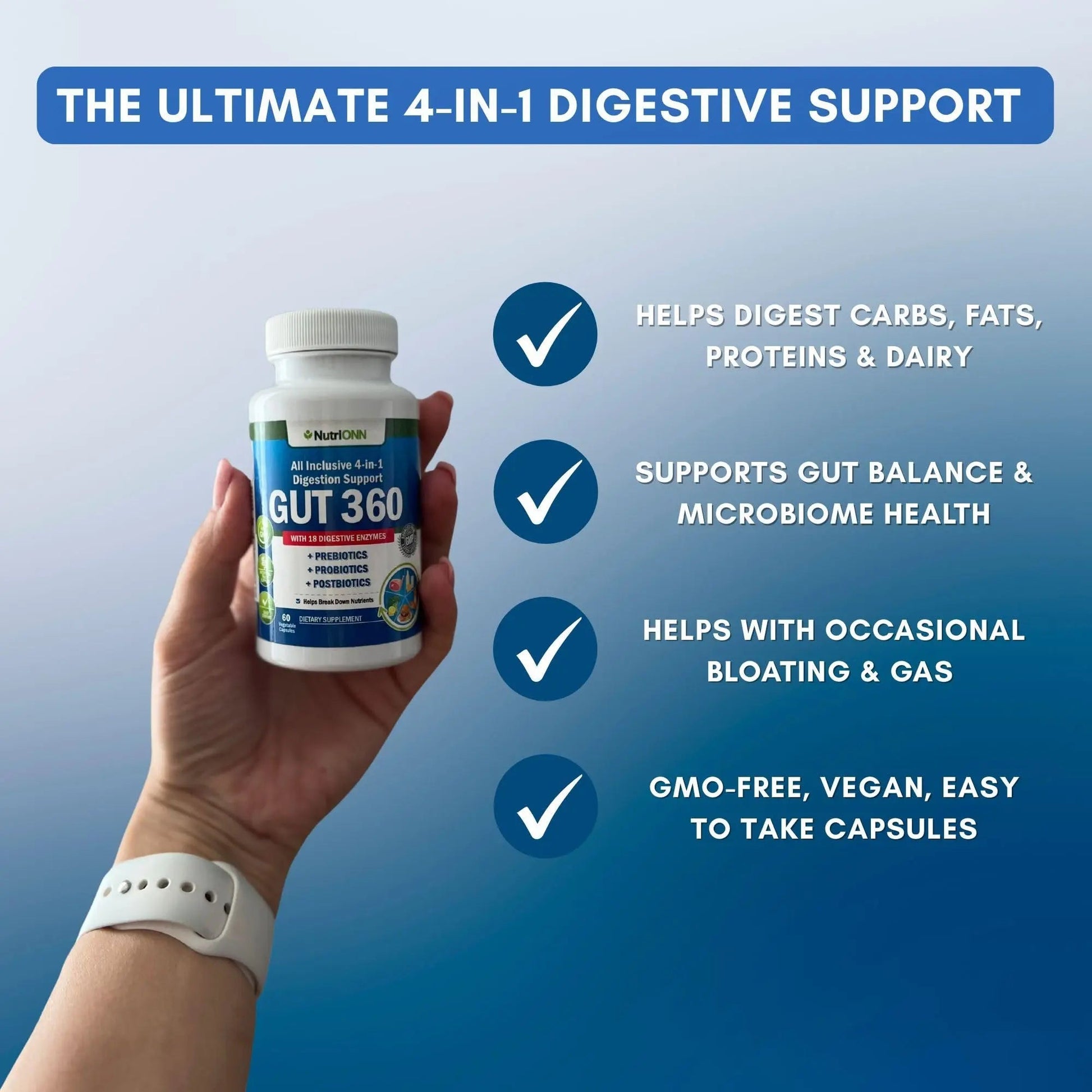 4-in-1 Probiotics, Prebiotics & Postbiotics with 18 Digestive Enzymes for Women & Men - Complete Gut & Digestive Support Supplement - Bloating Relief and Enzymes for Digestion - Non GMO - Vegan NutriONN buy australia supplements