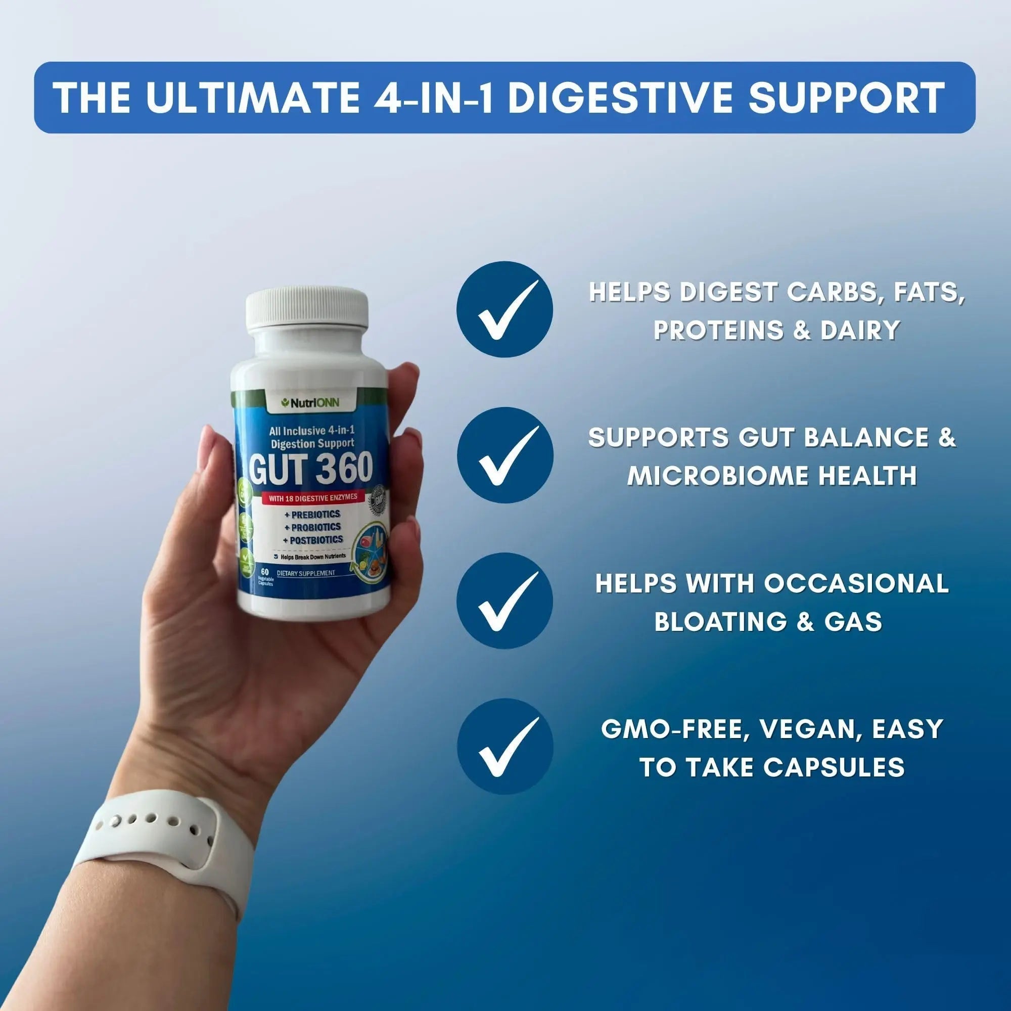 4-in-1 Probiotics, Prebiotics & Postbiotics with 18 Digestive Enzymes for Women & Men - Complete Gut & Digestive Support Supplement - Bloating Relief and Enzymes for Digestion - Non GMO - Vegan NutriONN buy australia supplements