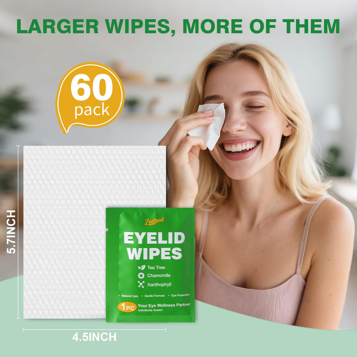 60PCS Tea Tree Oil Eyelid Wipes – Individually Wrapped Eye Lid Cleaning Wipes，Soothing For Sensitive Eyes, Stay Hydrated Lid Wipe Zeefpod