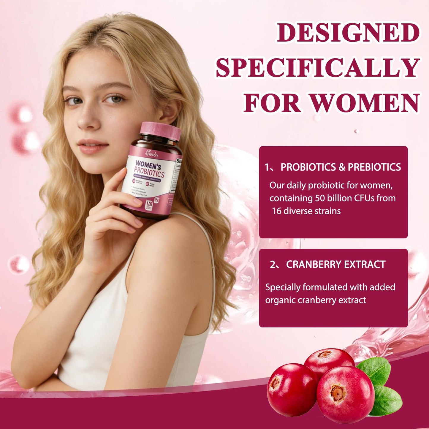 Women Probiotics 50 Billion CFU: Probiotics for Women with Prebiotics & Cranberry, 16 Strain Probiotic Supplement for Digestive Gut Health, Vaginal & Urinary Tract Support Aiwevon