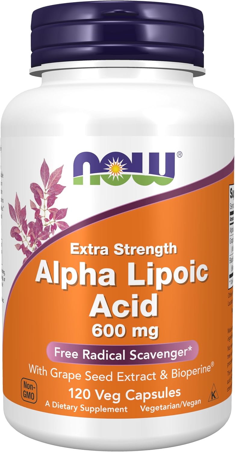NOW Foods Supplements, Alpha Lipoic Acid 600 mg with Grape Seed Extract & Bioperine®, Extra Strength, 120 Veg Capsules Gsupps Australia