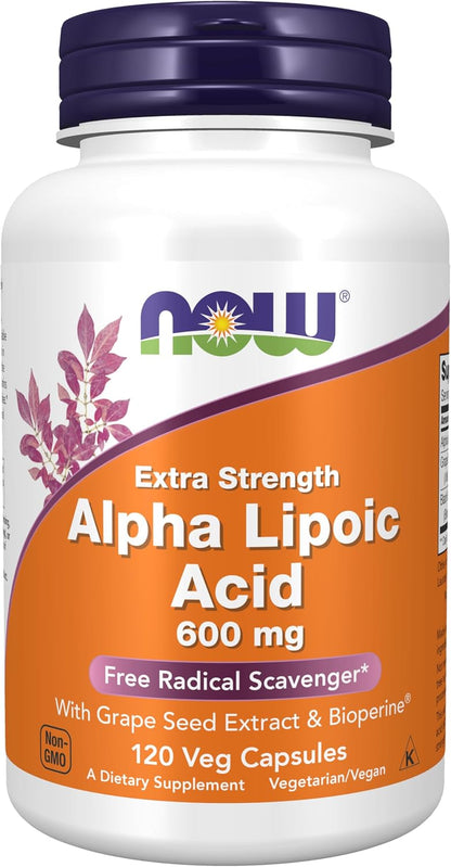 NOW Foods Supplements, Alpha Lipoic Acid 600 mg with Grape Seed Extract & Bioperine®, Extra Strength, 120 Veg Capsules Gsupps Australia