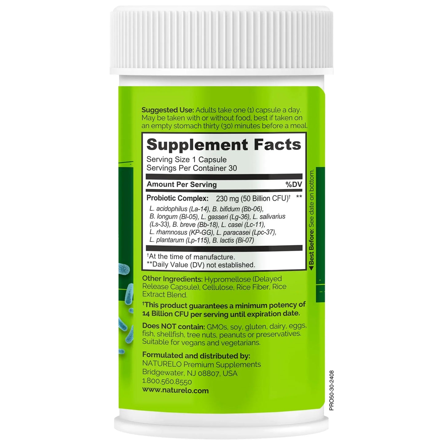 NATURELO Probiotics for Digestive Health, 50 Billion CFU, 30 Vegetarian Capsules, 11 Strains, Daily Use Supplement, Delayed Release, No-Fridge, Helps Boost Immune System, NATURELO