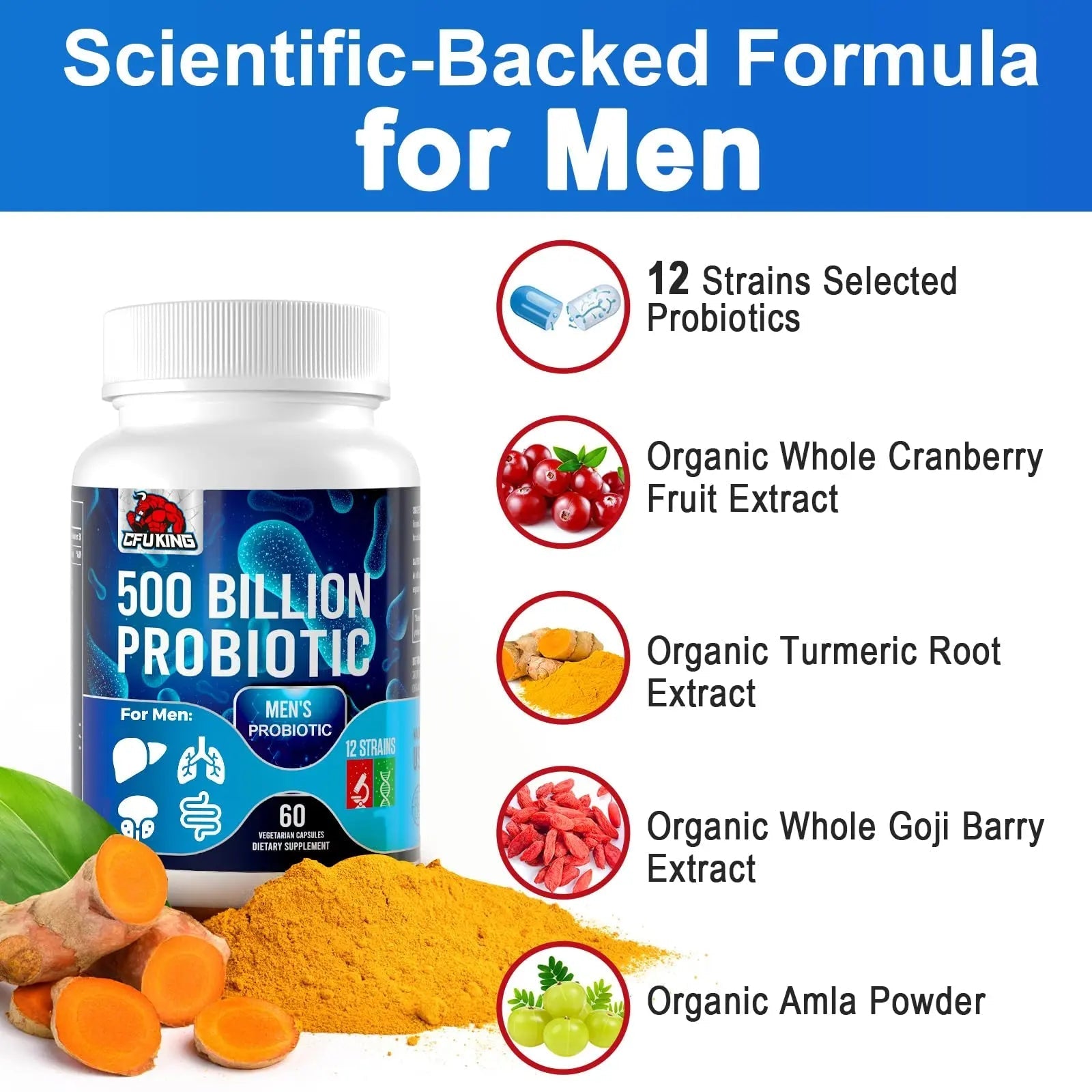 Probiotics for Men, 500 Billion CFU & 12 Mens Probiotic for Digestive Health + 4 Organic Prebiotic Fiber, for Digestive, Gut, Immune Health, Bloating, Gas, Energy Support, Shelf Stable - 120 Capsules CFUKING buy australia supplements