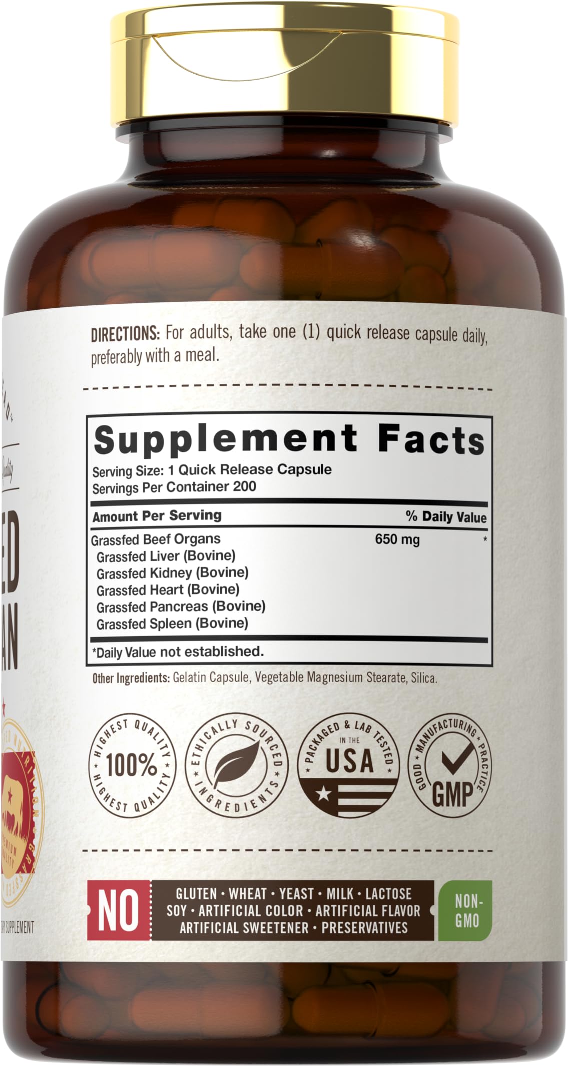 Carlyle Grass Fed Beef Organ Complex | 200 Capsules | Pasture Raised, Grain Free Supplement | with Desiccated Liver, Kidney, Pancreas, Heart, Spleen Carlyle