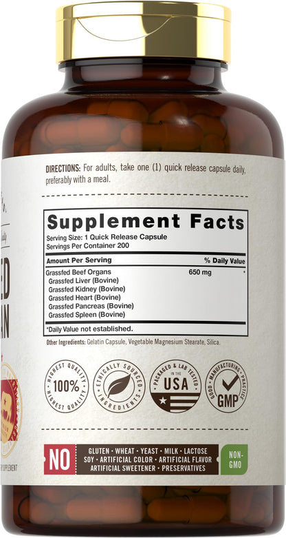 Carlyle Grass Fed Beef Organ Complex | 200 Capsules | Pasture Raised, Grain Free Supplement | with Desiccated Liver, Kidney, Pancreas, Heart, Spleen Carlyle