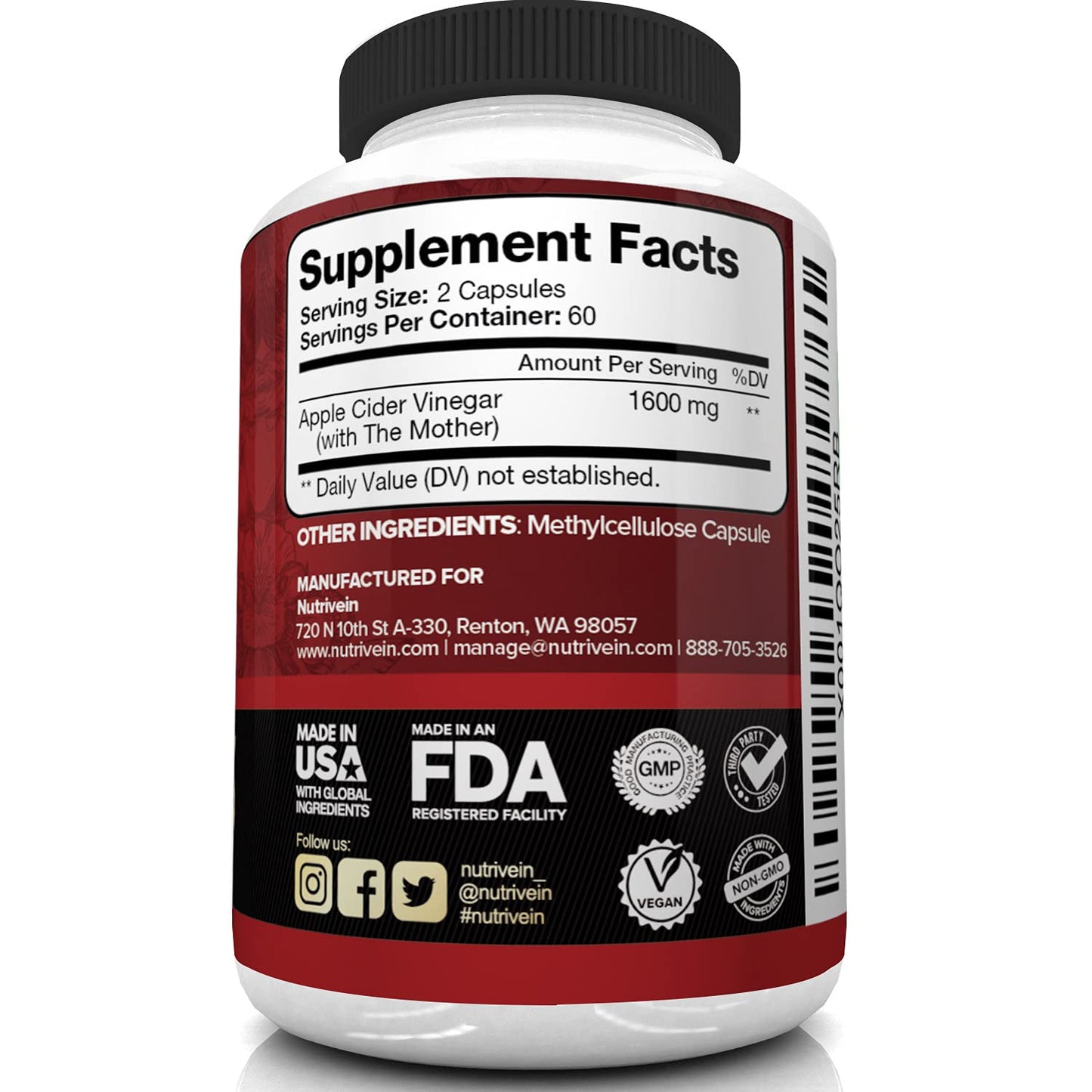 Nutrivein Apple Cider Vinegar Capsules with Mother - 1600mg - 120 Vegan