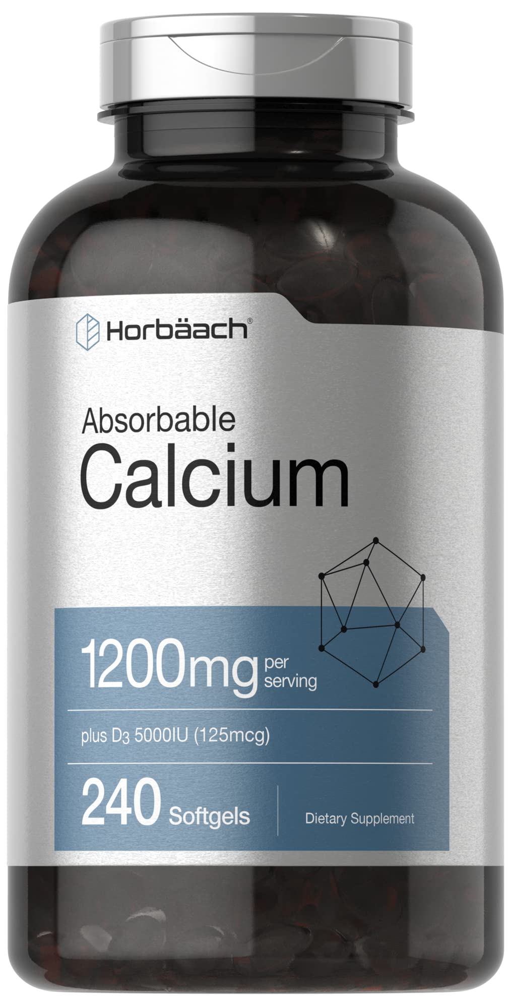 Horbäach Calcium 1200 mg with Vitamin D3 | 240 Softgels | 5000 IU Vitamin D3 | Absorbable Calcium Supplement for Women and Men Horbäach